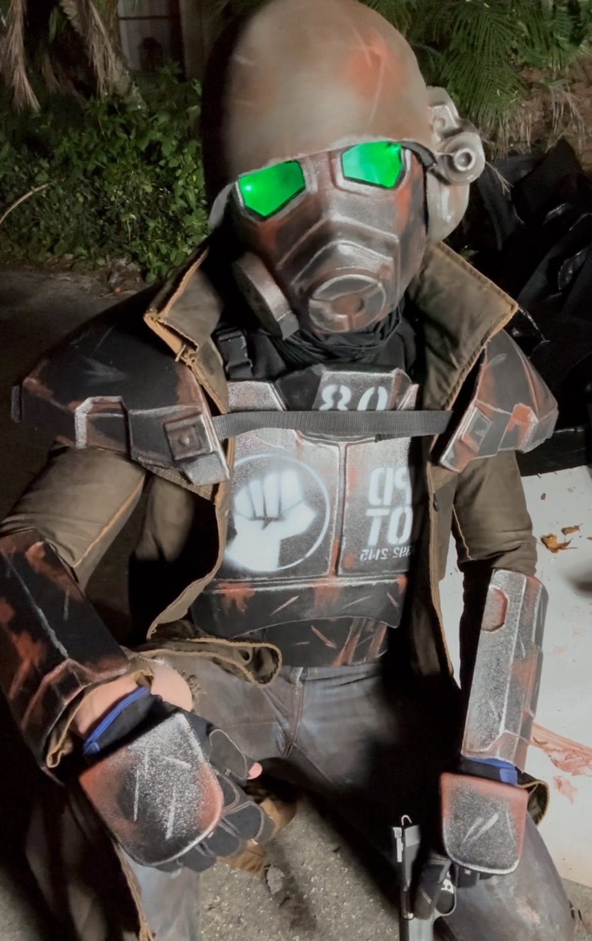 NCR Ranger in post-apocalyptic armor with green-tinted goggles