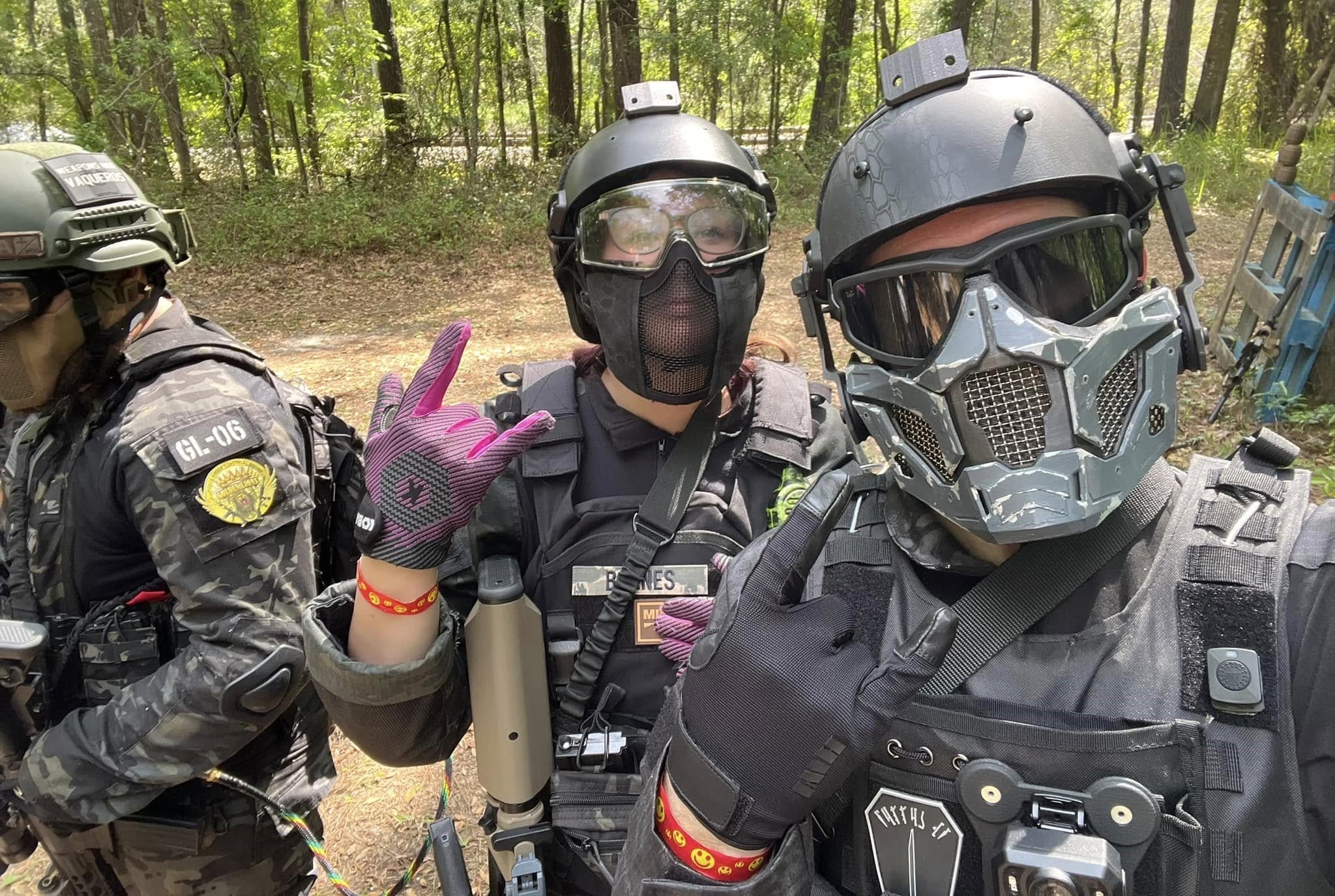 Two players in tactical helmets and masks at King and Country