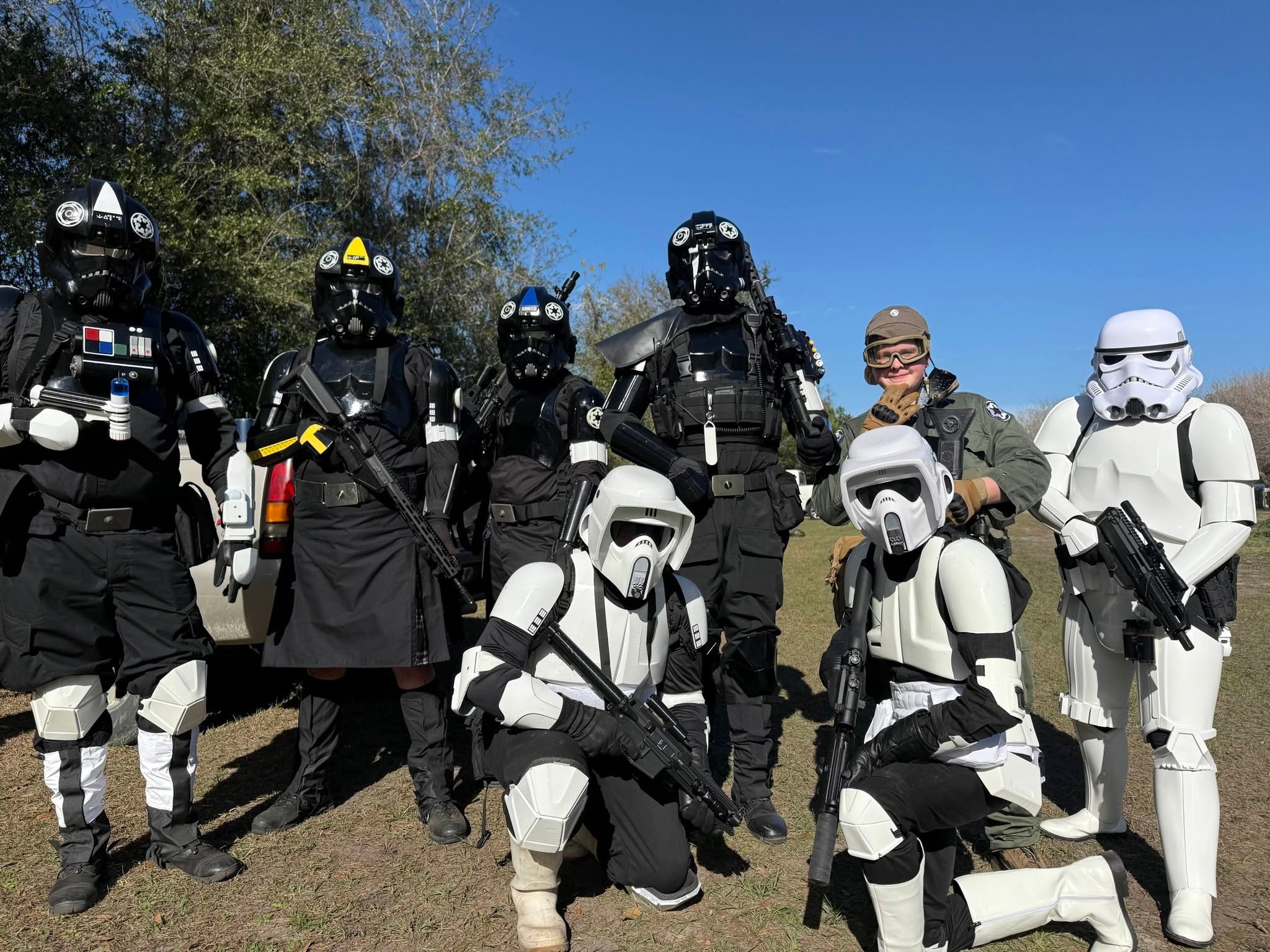 Star Wars cosplayers and Imperial officers outdoors