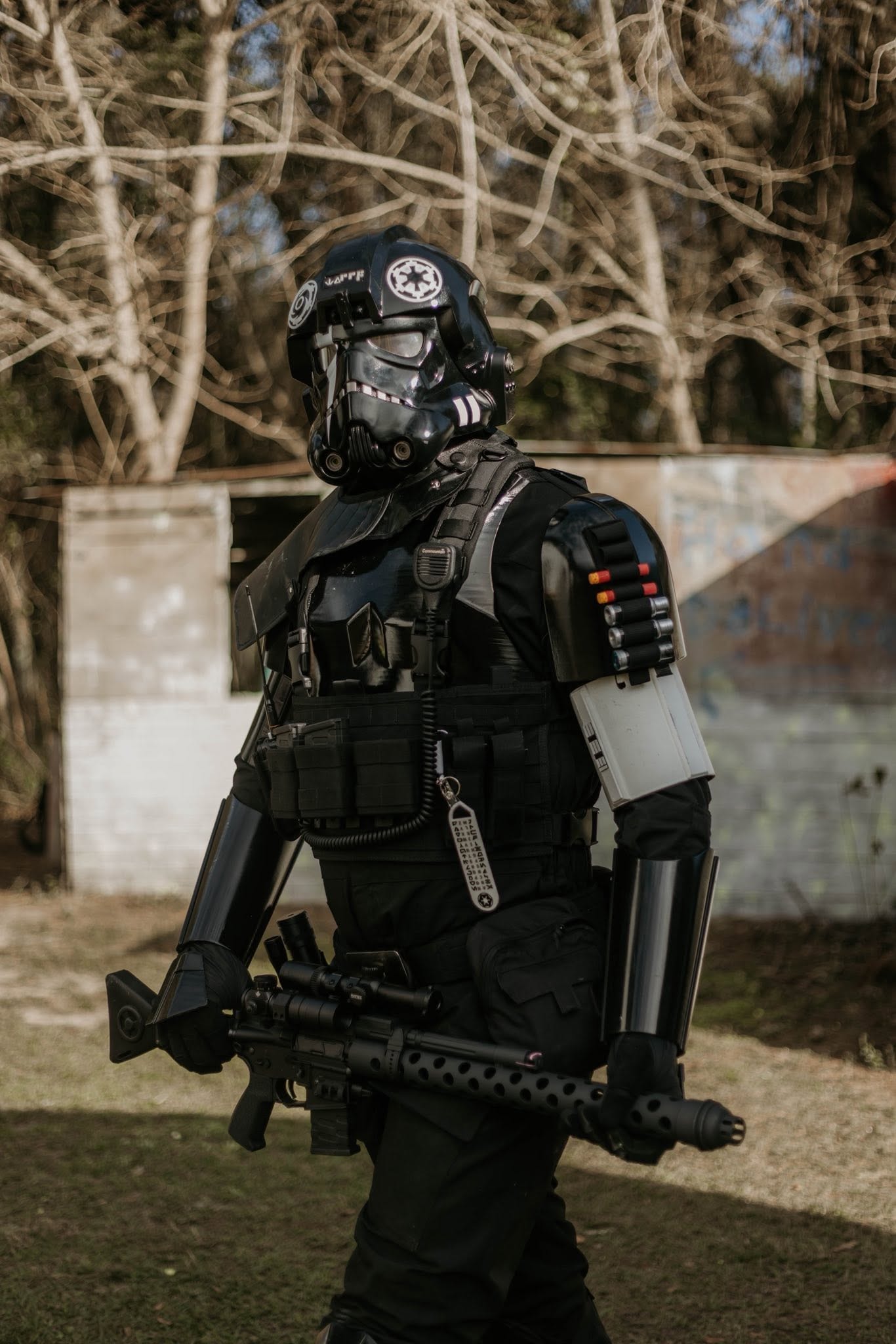 Stormtrooper cosplay holding blaster rifle
