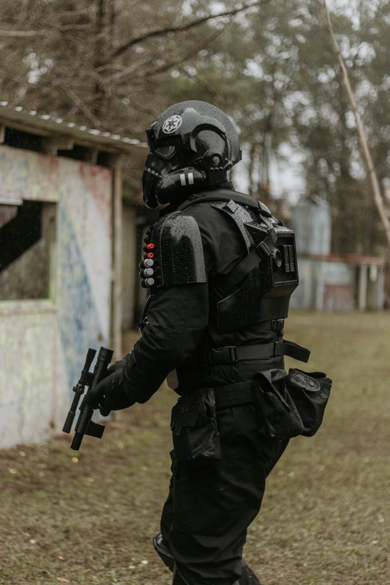 Stormtrooper cosplay holding blaster rifle