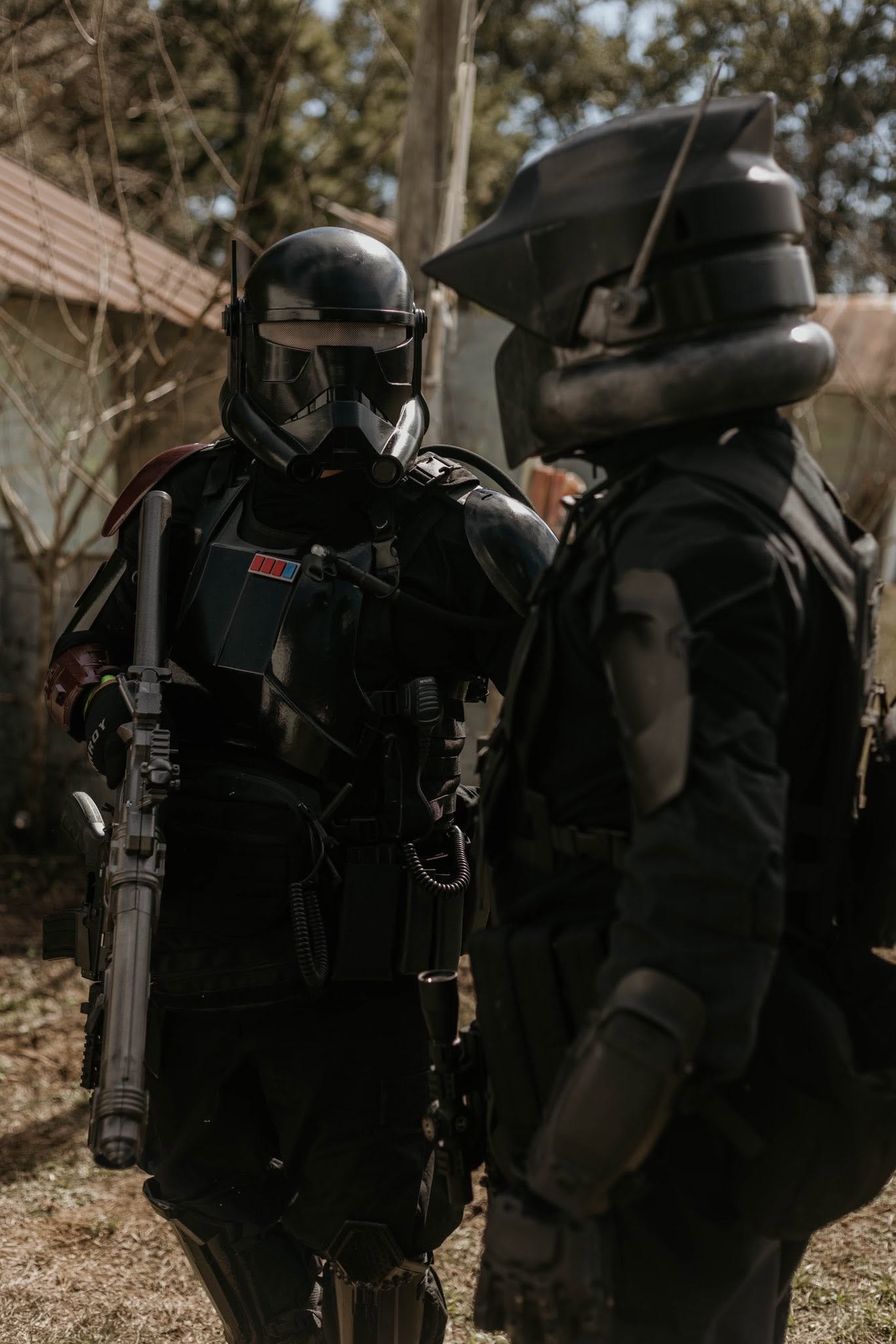 Armored stormtroopers facing off outdoors